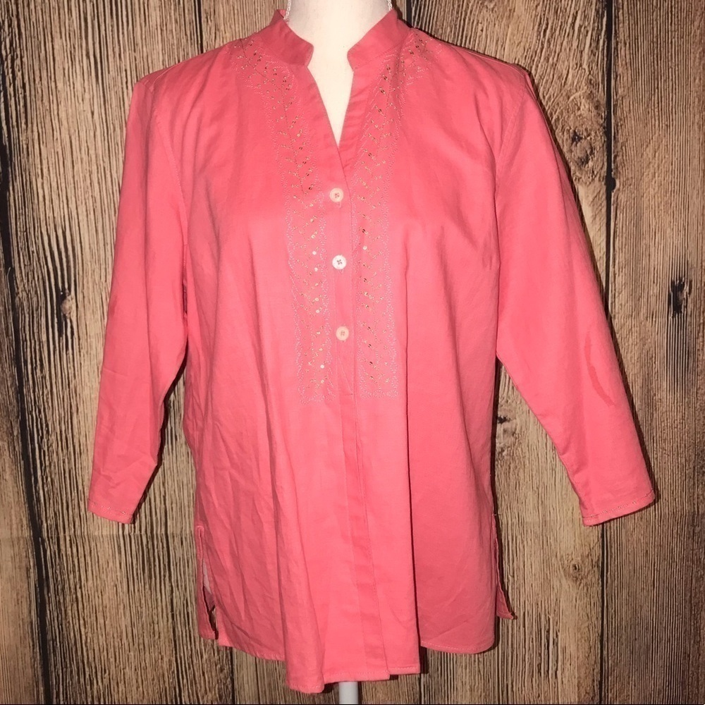 Erika salmon colored button front linen blouse medium